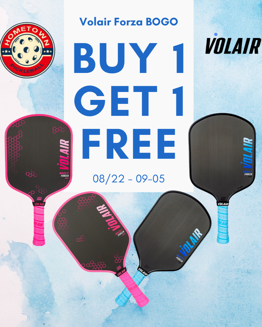 Promotional image for Volair pickleball paddles with 'Buy 1 Get 1 Free' offer.