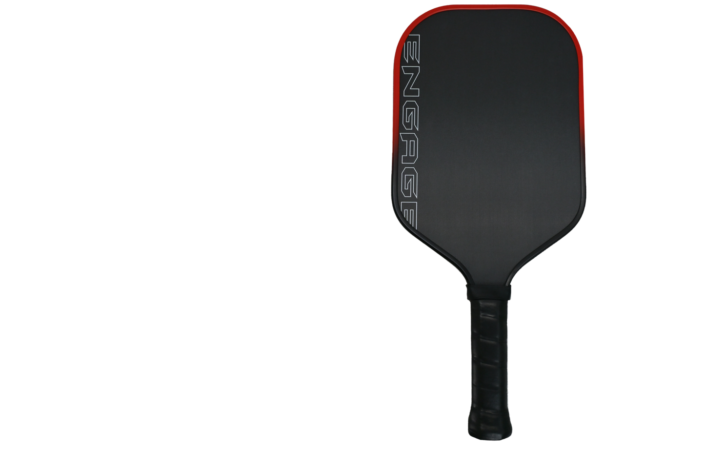 Black pickleball paddle with red edges on a white background