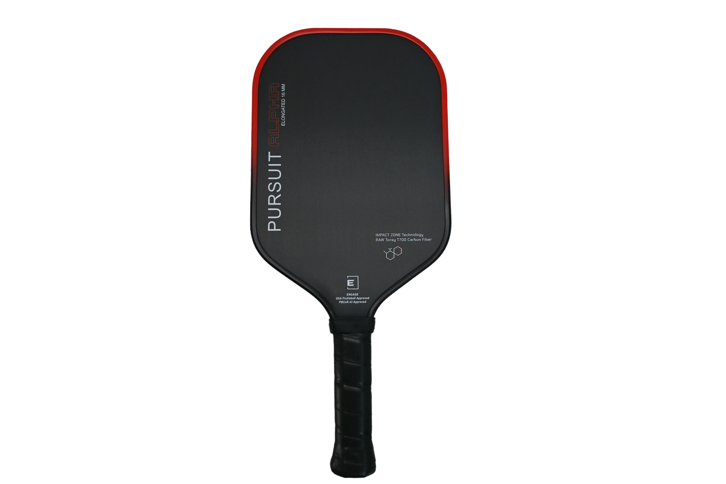 Black pickleball paddle with red edges on a white background