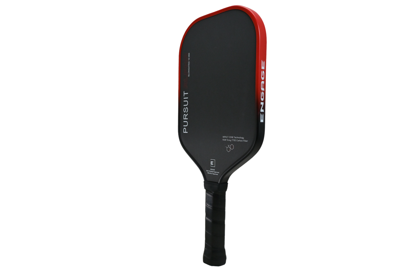 Black and red pickleball paddle on a white background