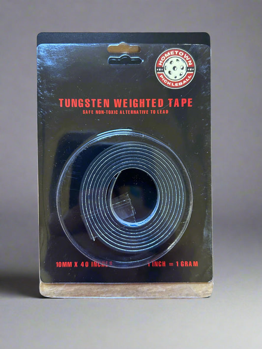 Tungsten weighted tape on a clear plastic card with brand logo on a wooden surface