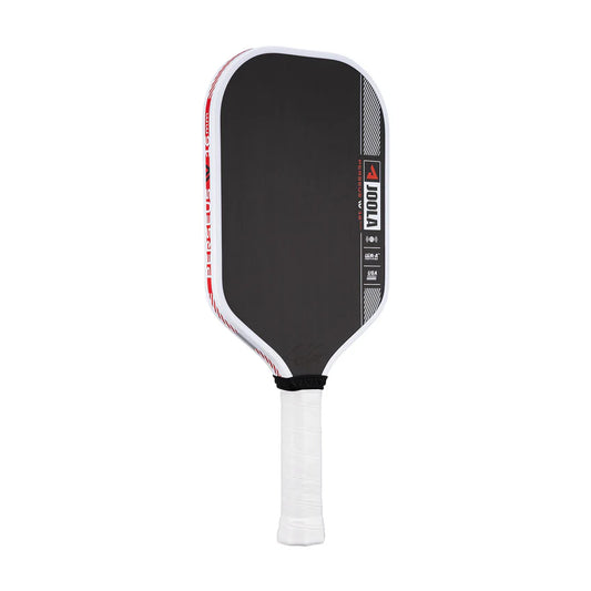Black pickleball paddle with white handle and red accents on a white background
