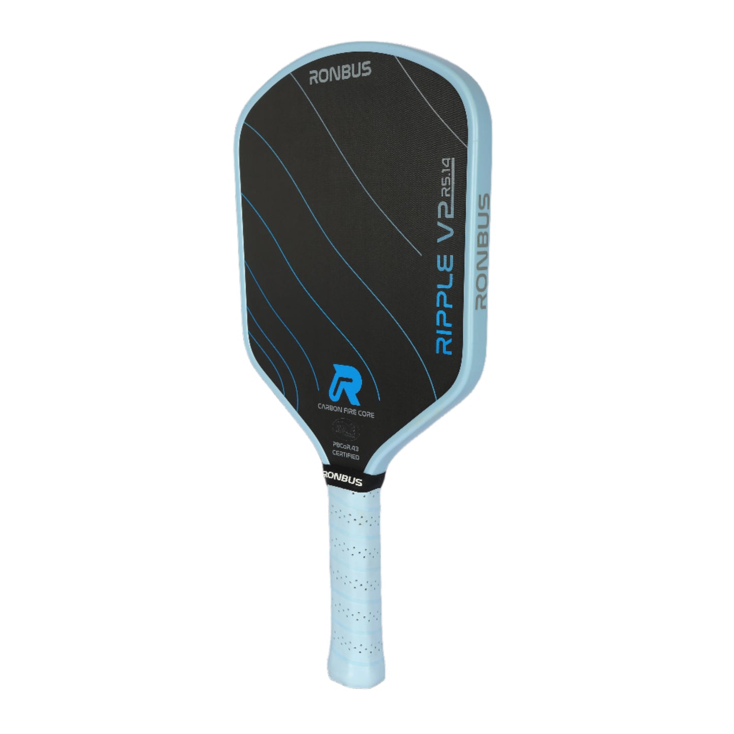 Pickleball paddle with 'RONBUS' branding on a black background