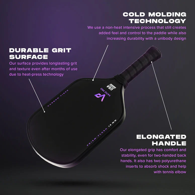 Vatic_Pro_Prism_Flash_14mm_pickleball_paddle, side facing, information about the paddle