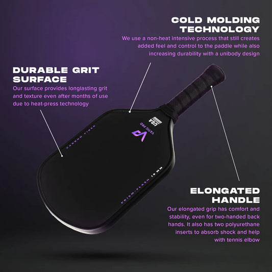 Vatic_Pro_Prism_Flash_14mm_pickleball_paddle, side facing, information about the paddle
