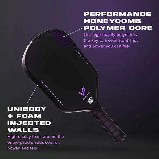 Vatic_Pro_Prism_Flash_14mm_pickleball, side facing, information about the paddle