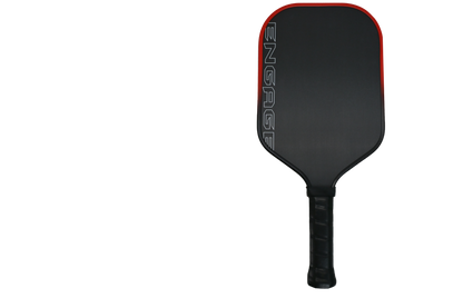 Black pickleball paddle with red edges on a white background