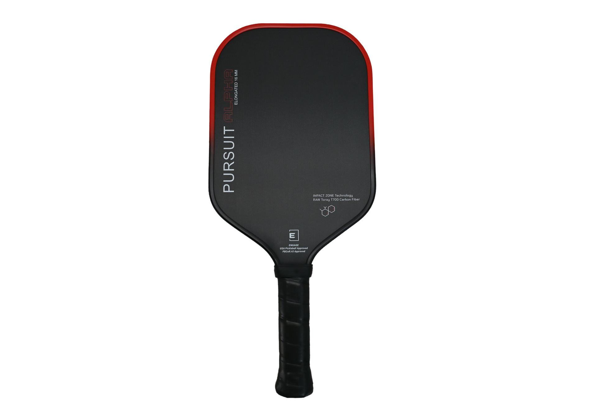 Black pickleball paddle with red edges on a white background