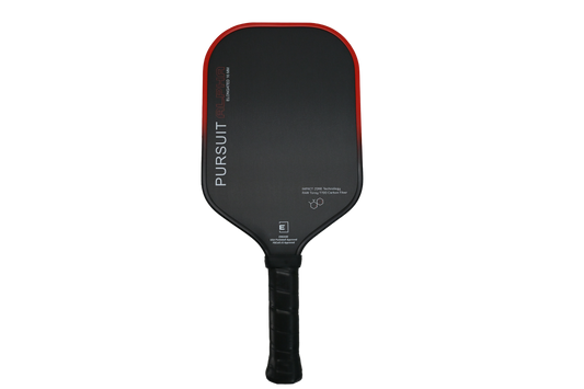 Black pickleball paddle with red edges on a white background