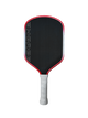 Pickleball paddle with black face and red rim on a white background