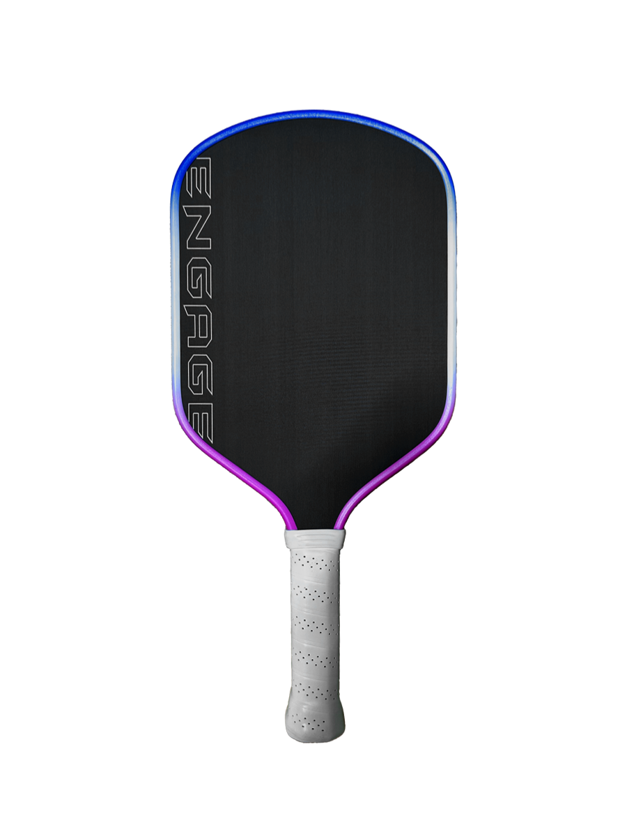 Pickleball paddle with black face, blue rim, purple outline, and white handle on a white background