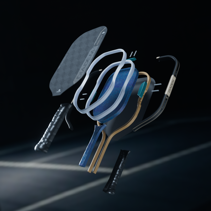 Diadem Edge Flex Pro 14mm Pickleball Paddle, exploded view of face, core rings, spine rods and frame