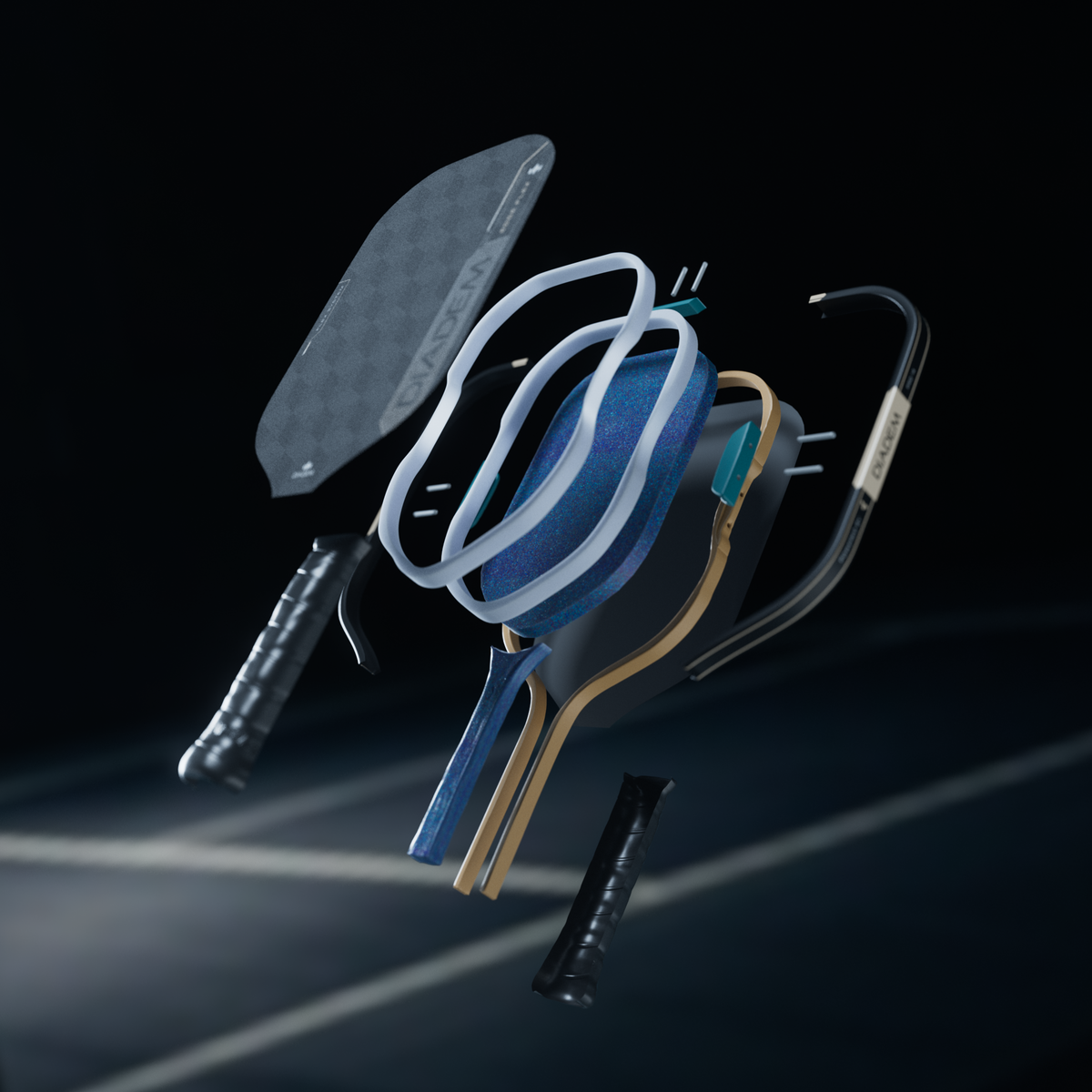 Diadem Edge Flex Hybrid 16mm Pickleball Paddle, exploded view of face, core rings, spine rods and frame