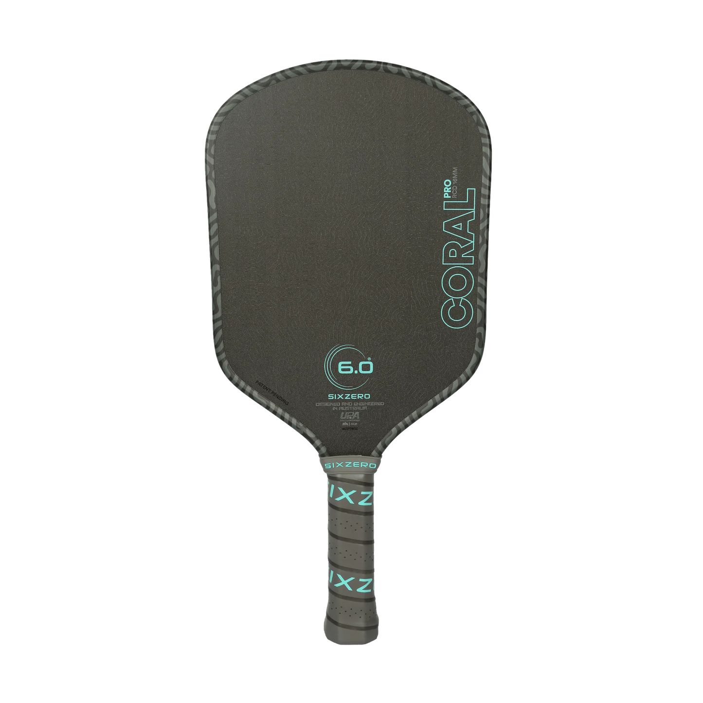 Black pickleball paddle with branding on a white background
