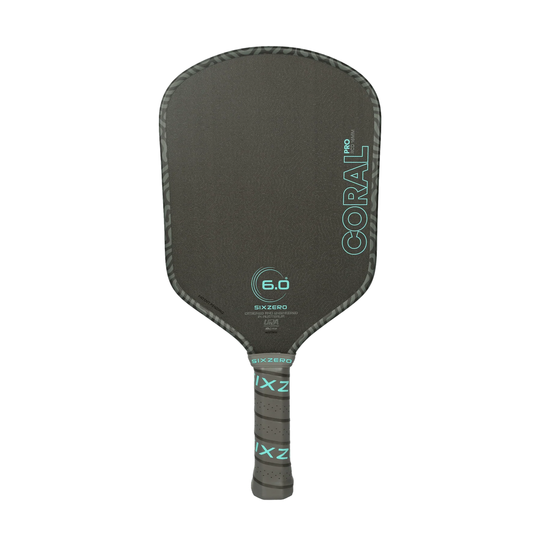 Black pickleball paddle with branding on a white background