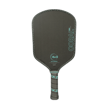 Black pickleball paddle with branding on a white background