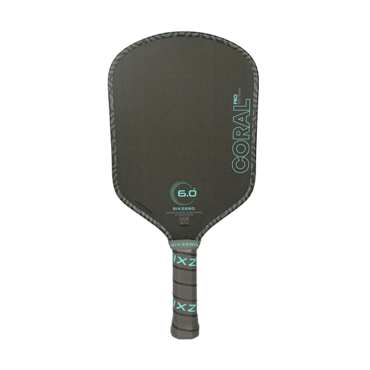 Black pickleball paddle with branding on a white background