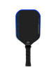 Black pickleball paddle with blue accents on a white background